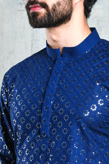 EMBROIDERED ROYAL BLUE KURTA PYJAMA SET WITH ALL OVER SEQUIN DESIGN