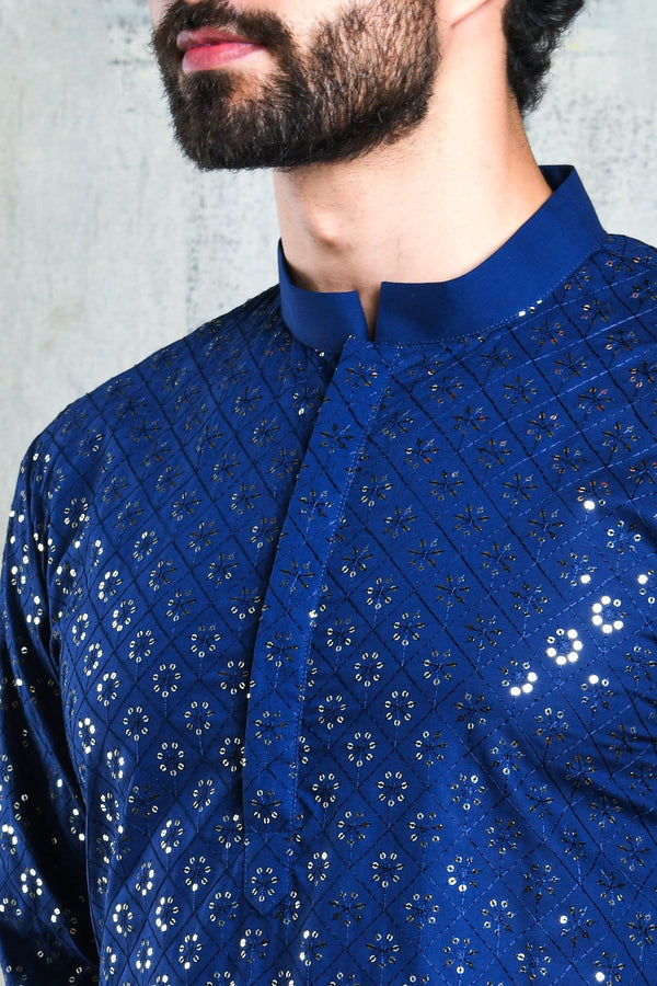 EMBROIDERED ROYAL BLUE KURTA PYJAMA SET WITH ALL OVER SEQUIN DESIGN