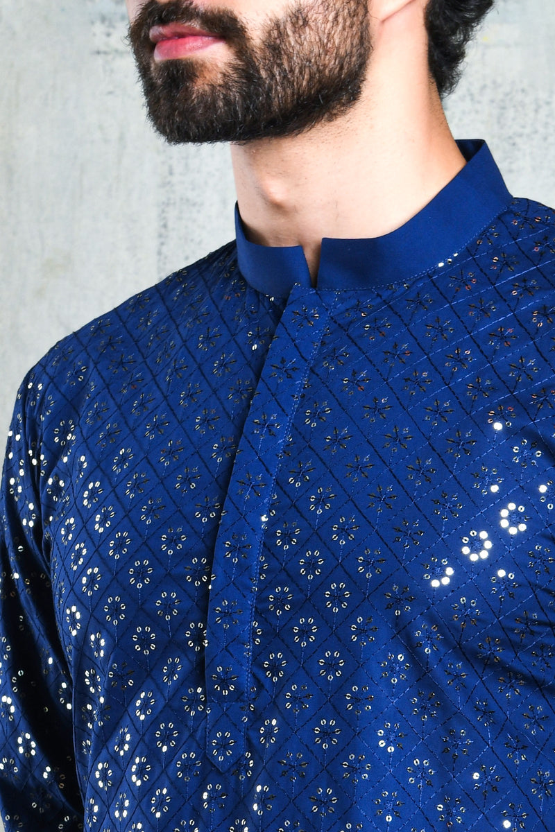 EMBROIDERED ROYAL BLUE KURTA PYJAMA SET WITH ALL OVER SEQUIN DESIGN