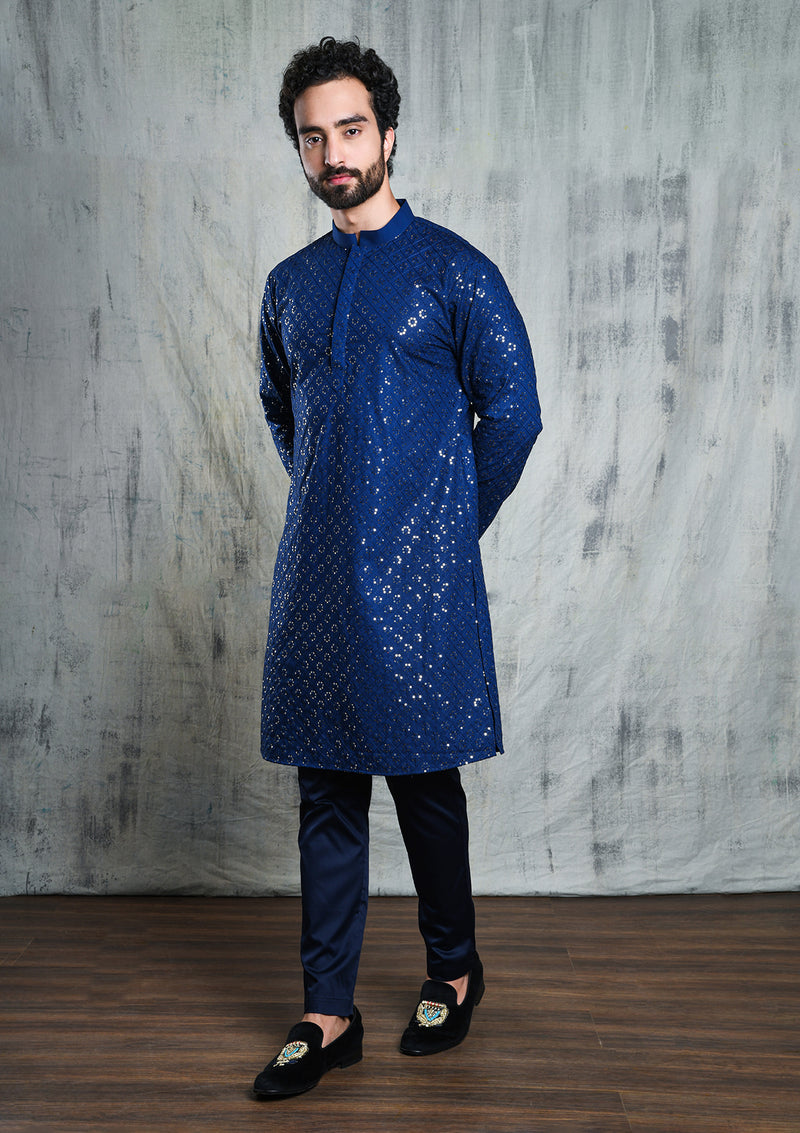 EMBROIDERED ROYAL BLUE KURTA PYJAMA SET WITH ALL OVER SEQUIN DESIGN