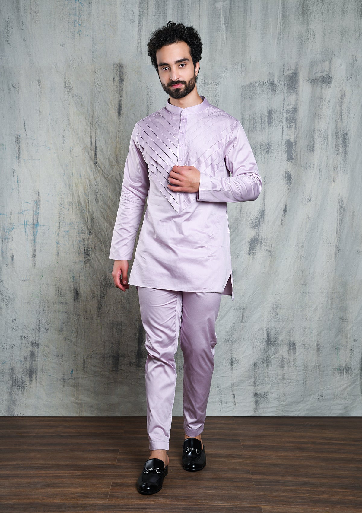 LAVENDER ARROW PLEATED SATIN SHORT CO-ORD KURTA SET