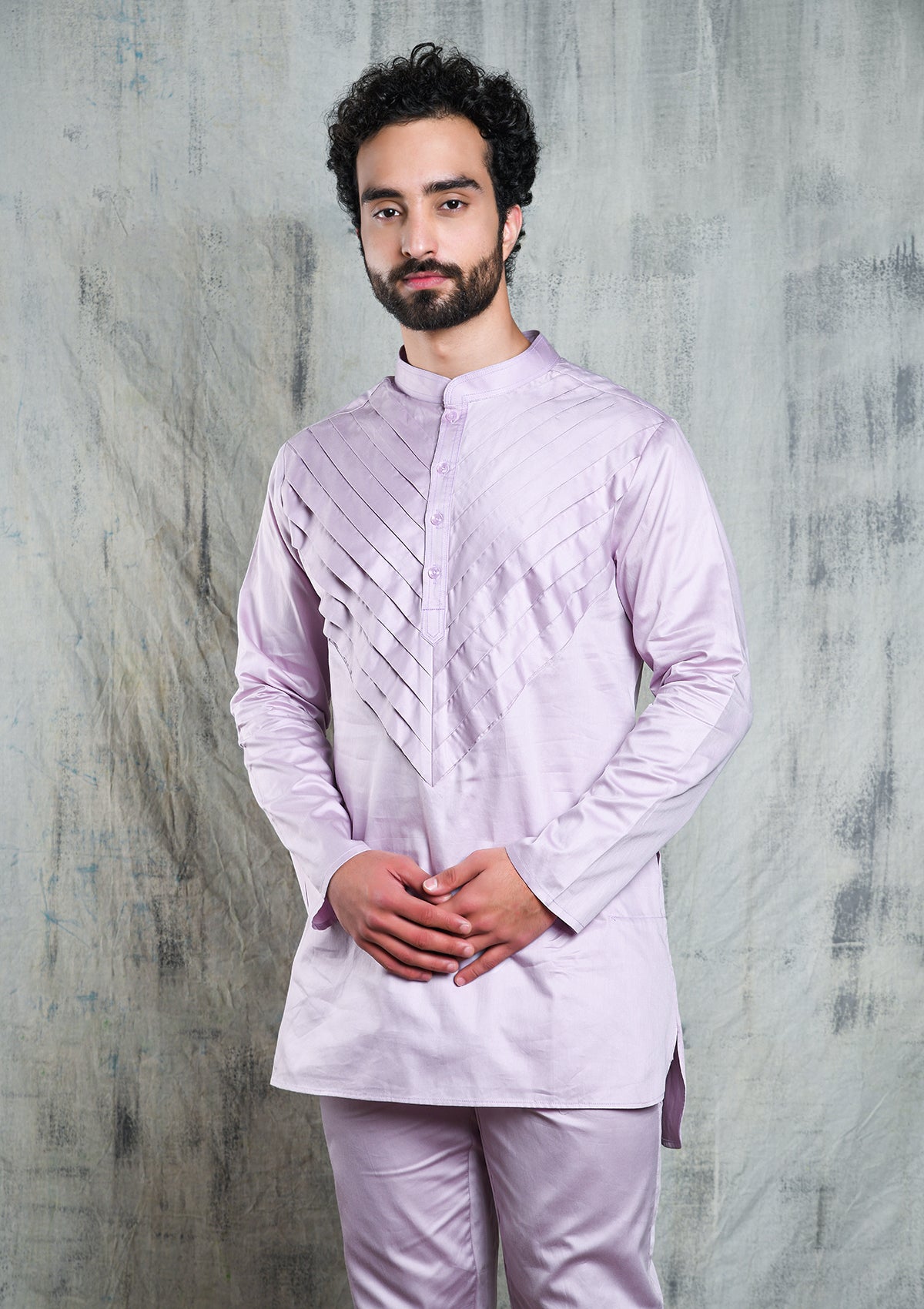 LAVENDER ARROW PLEATED SATIN SHORT CO-ORD KURTA SET