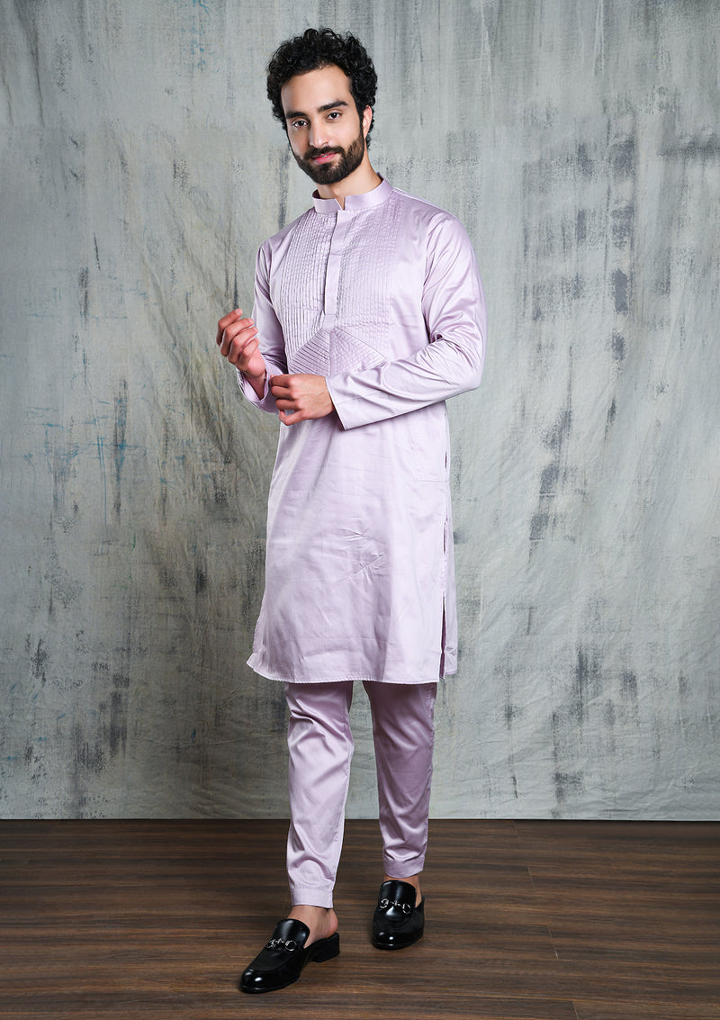 LAVENDER KURTA PYJAMA SET WITH PLEATED NECK DETAIL