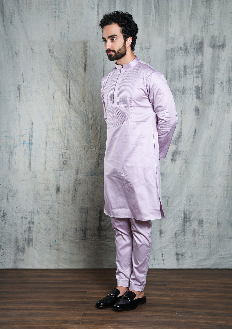 LAVENDER KURTA PYJAMA SET WITH PLEATED NECK DETAIL