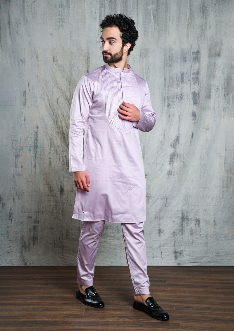 LAVENDER KURTA PYJAMA SET WITH PLEATED NECK DETAIL