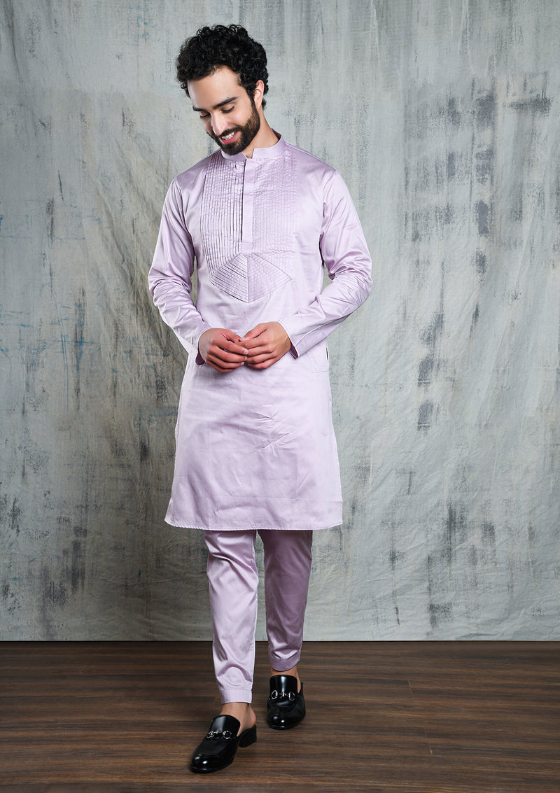 LAVENDER KURTA PYJAMA SET WITH PLEATED NECK DETAIL
