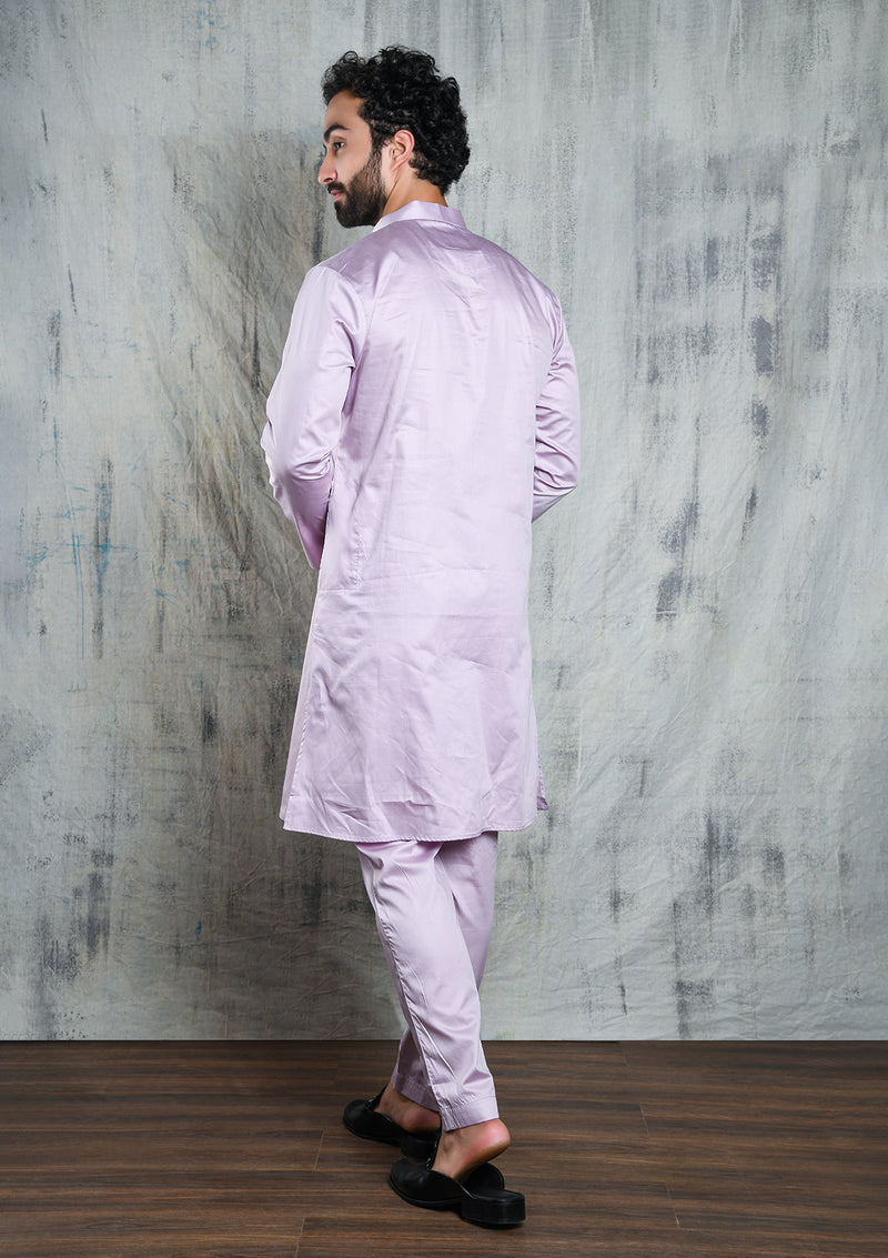 LAVENDER KURTA PYJAMA SET WITH PLEATED NECK DETAIL