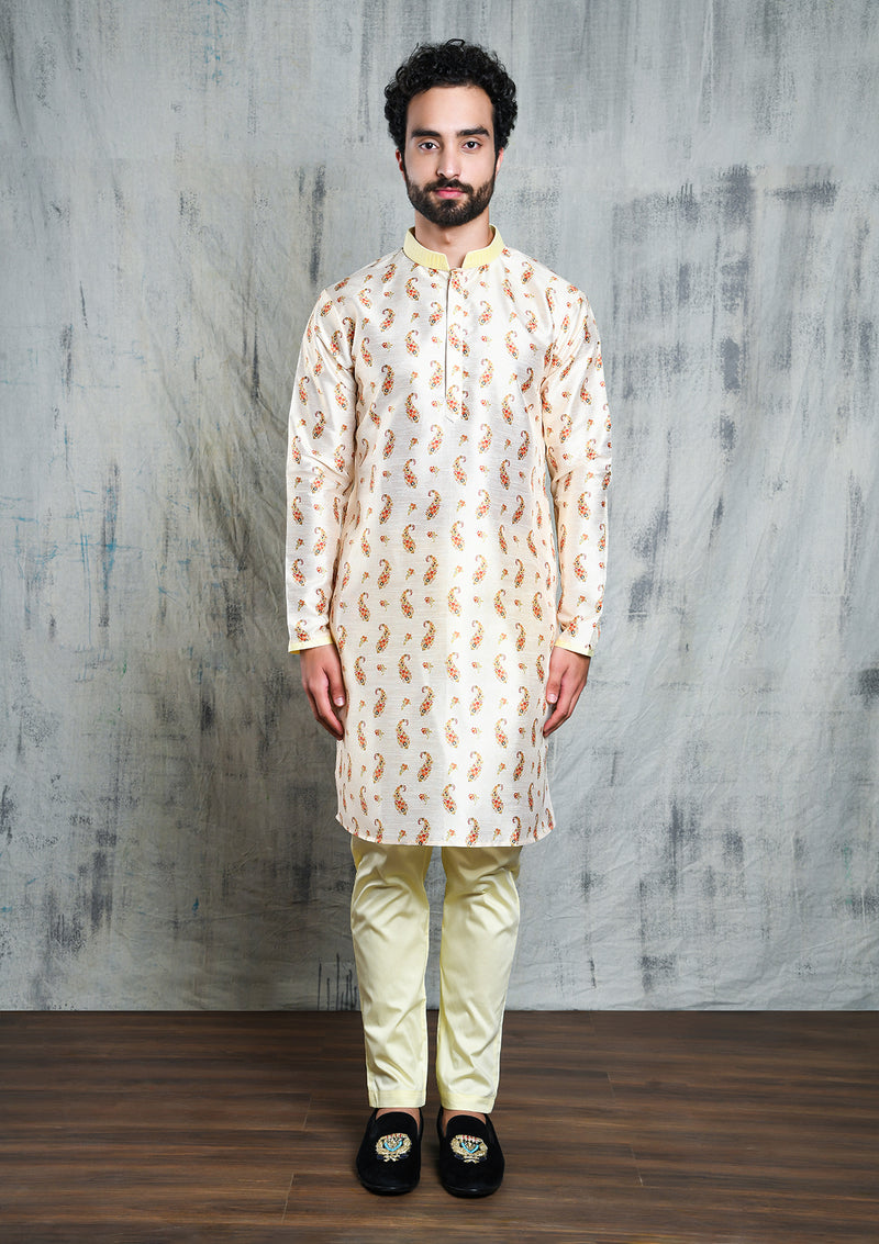 IVORY CREAM CONTRAST PAISLEY PRINTED POLY SILK KURTA PYJAMA SET