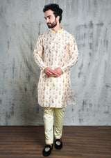 IVORY CREAM CONTRAST PAISLEY PRINTED POLY SILK KURTA PYJAMA SET
