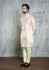 IVORY CREAM CONTRAST PAISLEY PRINTED POLY SILK KURTA PYJAMA SET