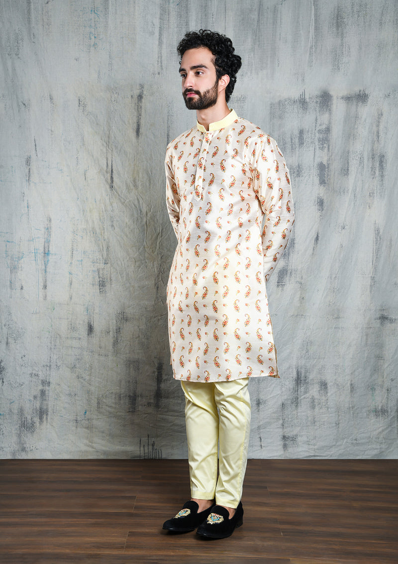 IVORY CREAM CONTRAST PAISLEY PRINTED POLY SILK KURTA PYJAMA SET