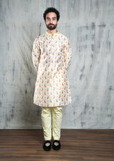 IVORY CREAM CONTRAST PAISLEY PRINTED POLY SILK KURTA PYJAMA SET