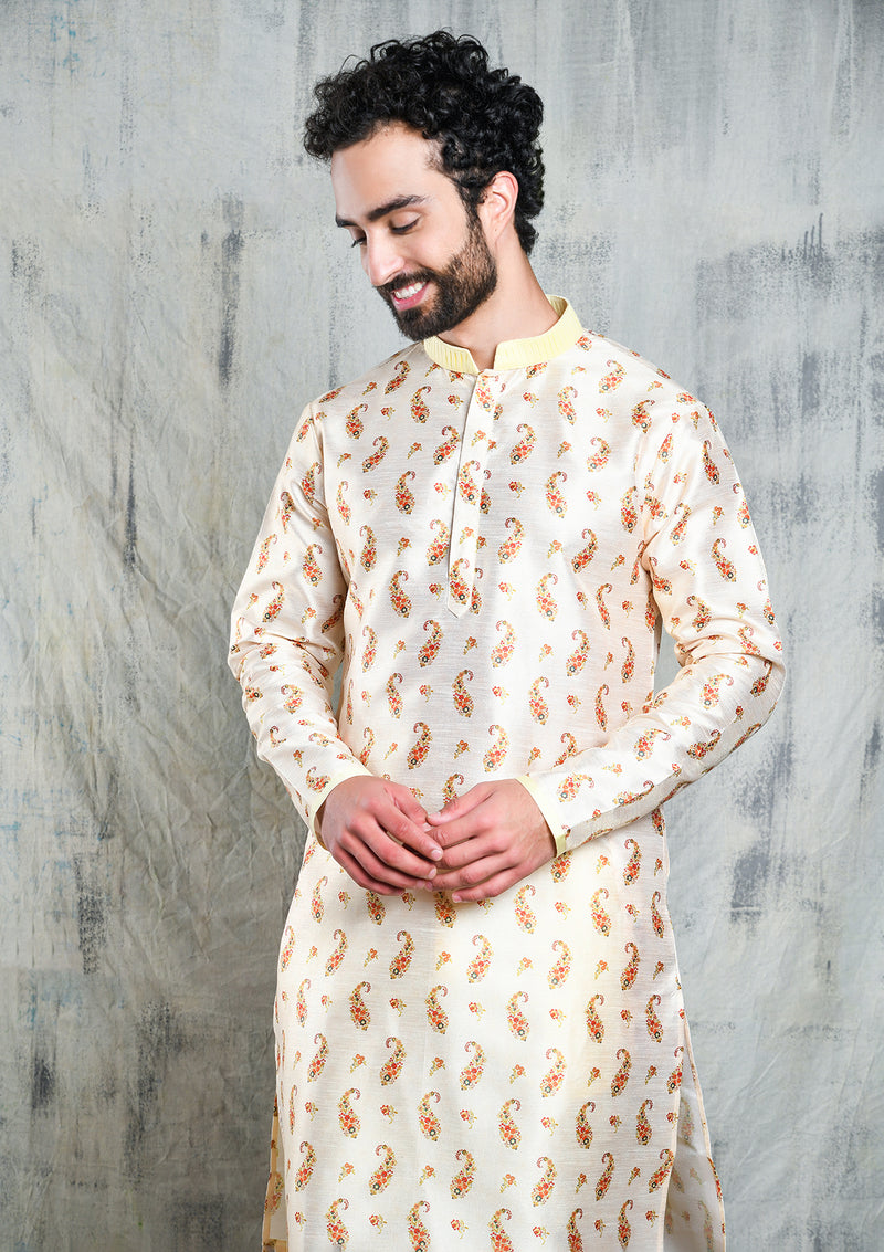 IVORY CREAM CONTRAST PAISLEY PRINTED POLY SILK KURTA PYJAMA SET