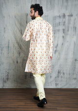 IVORY CREAM CONTRAST PAISLEY PRINTED POLY SILK KURTA PYJAMA SET