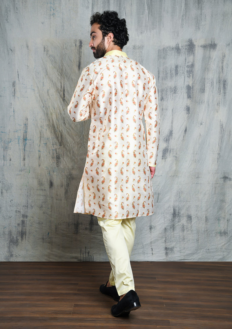 IVORY CREAM CONTRAST PAISLEY PRINTED POLY SILK KURTA PYJAMA SET