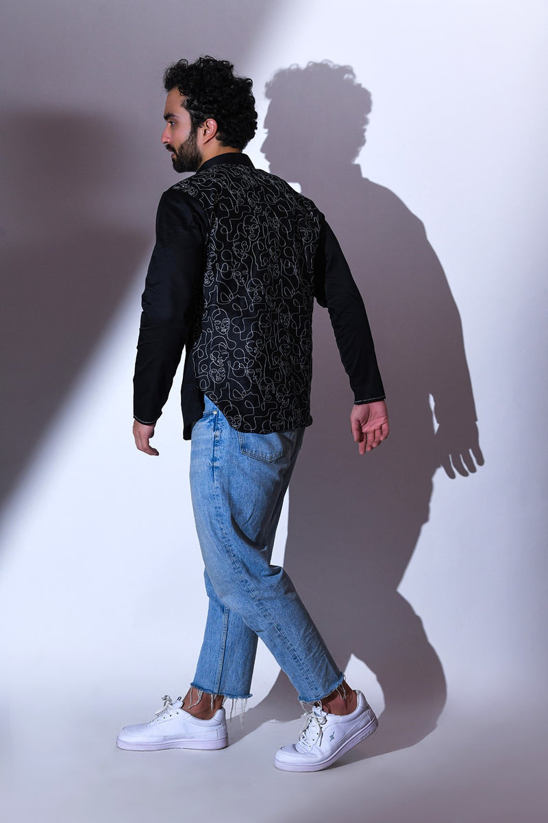 BLACK SATIN ABSTRACT BACK EMBRIODERED CASUAL SHORT KURTA