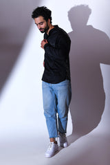 BLACK SATIN ABSTRACT BACK EMBRIODERED CASUAL SHORT KURTA