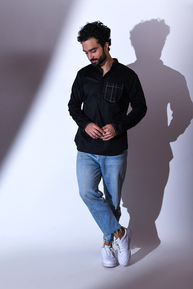BLACK SATIN ABSTRACT BACK EMBRIODERED CASUAL SHORT KURTA