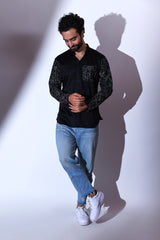 BLACK SATIN POCKET AND SLEEVE EMBRIODERED CASUAL SHORT KURTA