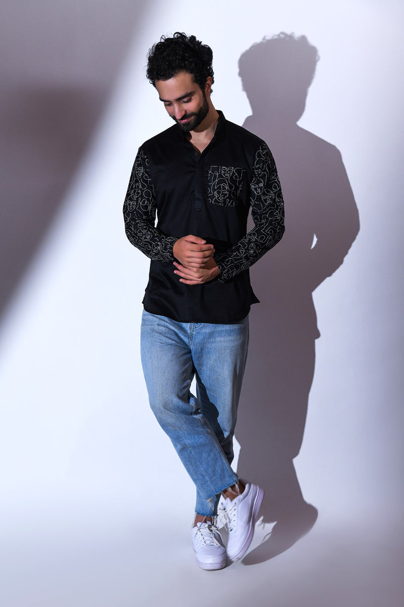 BLACK SATIN POCKET AND SLEEVE EMBRIODERED CASUAL SHORT KURTA