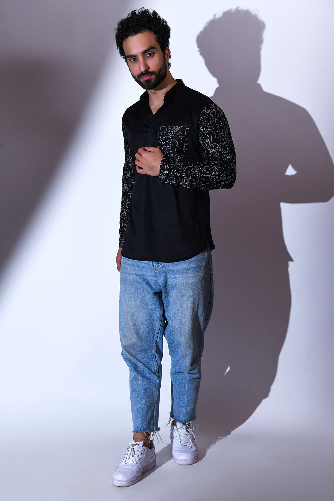 BLACK SATIN POCKET AND SLEEVE EMBRIODERED CASUAL SHORT KURTA