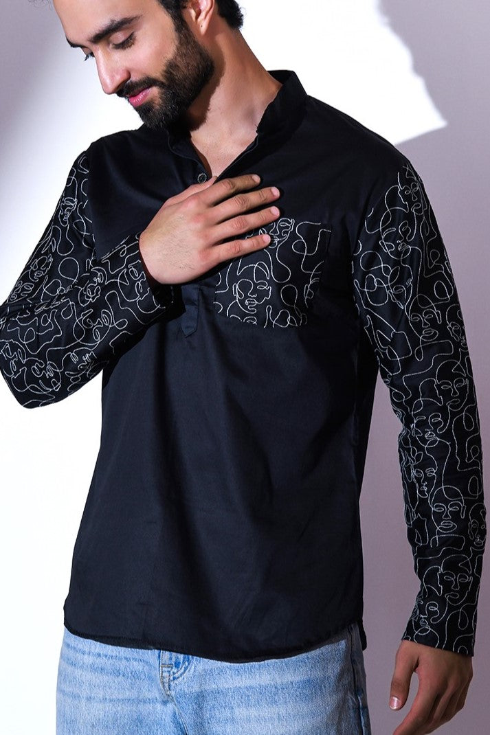 BLACK SATIN POCKET AND SLEEVE EMBRIODERED CASUAL SHORT KURTA