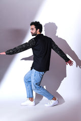 BLACK SATIN POCKET AND SLEEVE EMBRIODERED CASUAL SHORT KURTA