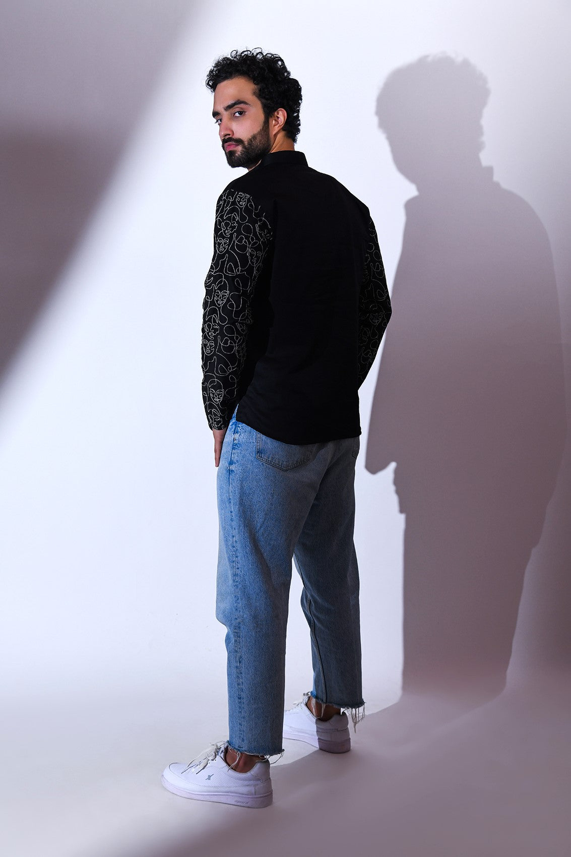 BLACK SATIN POCKET AND SLEEVE EMBRIODERED CASUAL SHORT KURTA