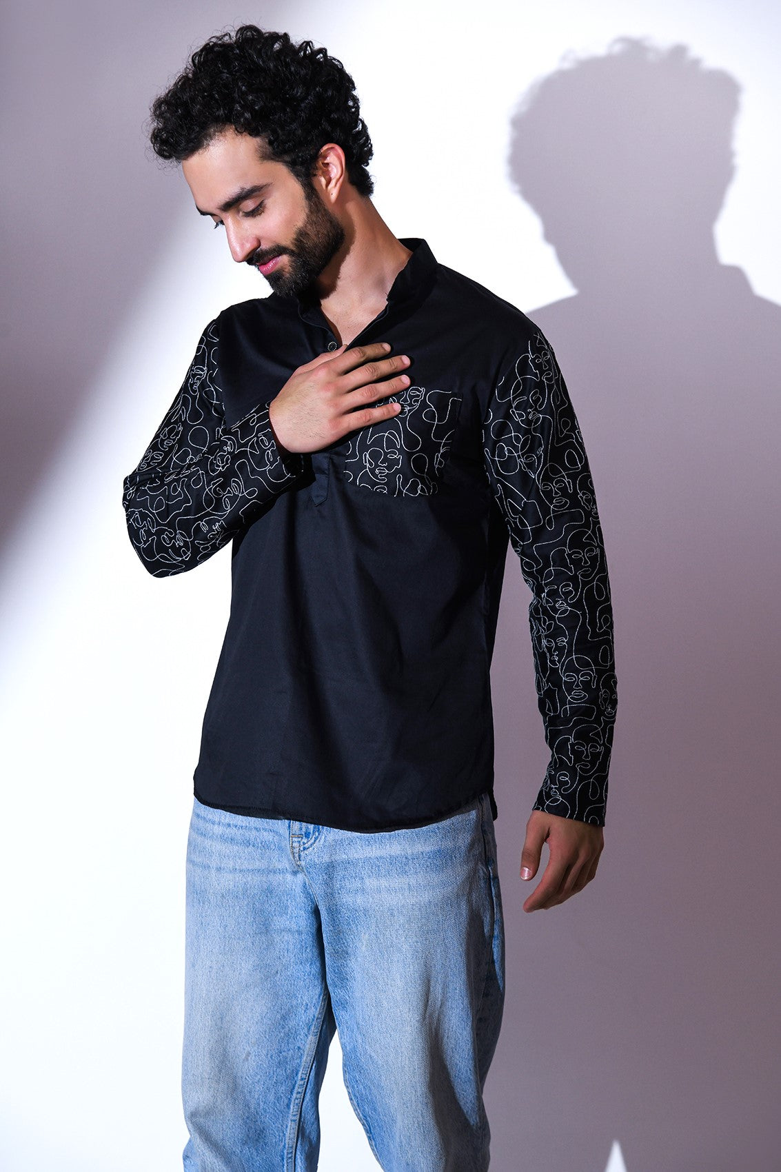 BLACK SATIN POCKET AND SLEEVE EMBRIODERED CASUAL SHORT KURTA