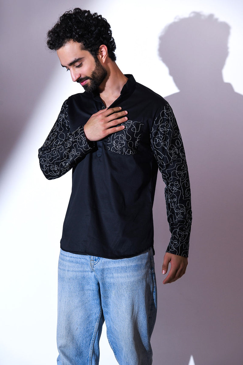 BLACK SATIN POCKET AND SLEEVE EMBRIODERED CASUAL SHORT KURTA