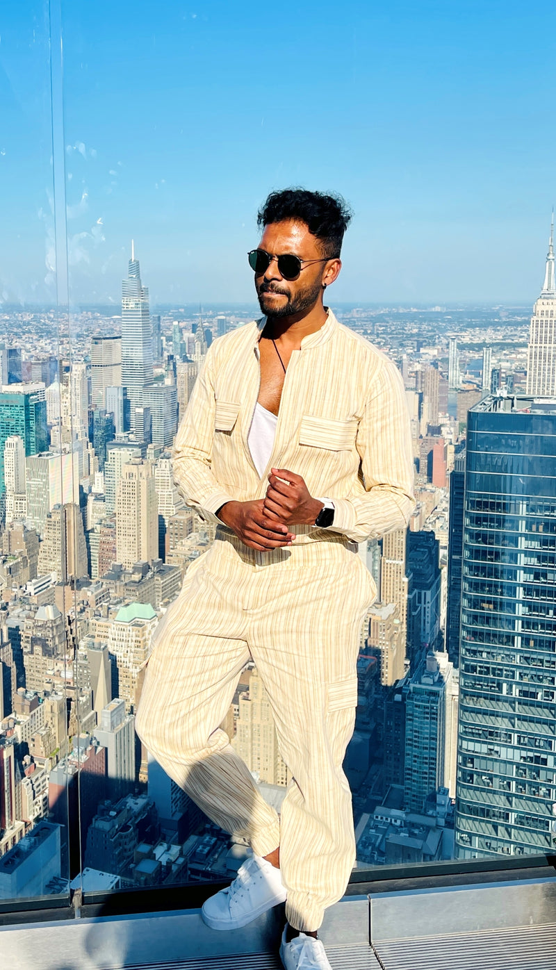 IVORY CREAM KHADI STRIPED UNISEX OVERALL'S