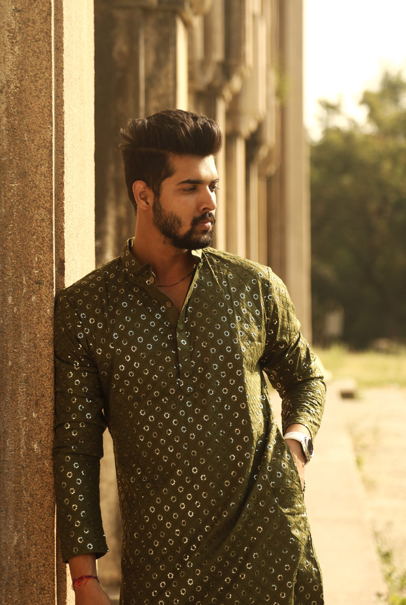 GARDEN GREEN COTTON KURTA PYJAMA SET WITH ALL OVER SEQUIN DESIGN