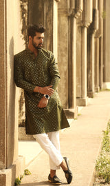 GARDEN GREEN COTTON KURTA PYJAMA SET WITH ALL OVER SEQUIN DESIGN