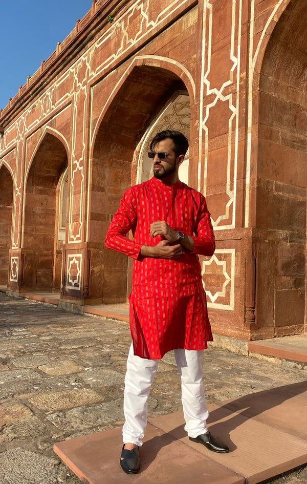 BE DESI MEN COTTON STRIPE REGULAR FIT RED LONG KURTA