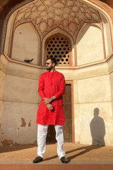 BE DESI MEN COTTON STRIPE REGULAR FIT RED LONG KURTA
