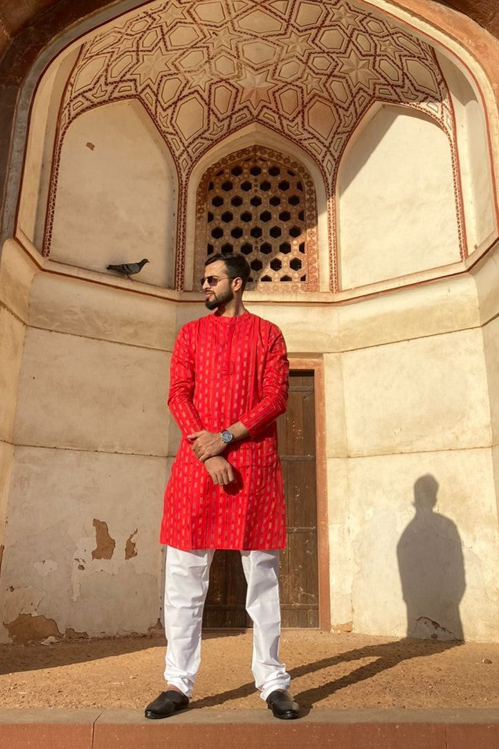 BE DESI MEN COTTON STRIPE REGULAR FIT RED LONG KURTA