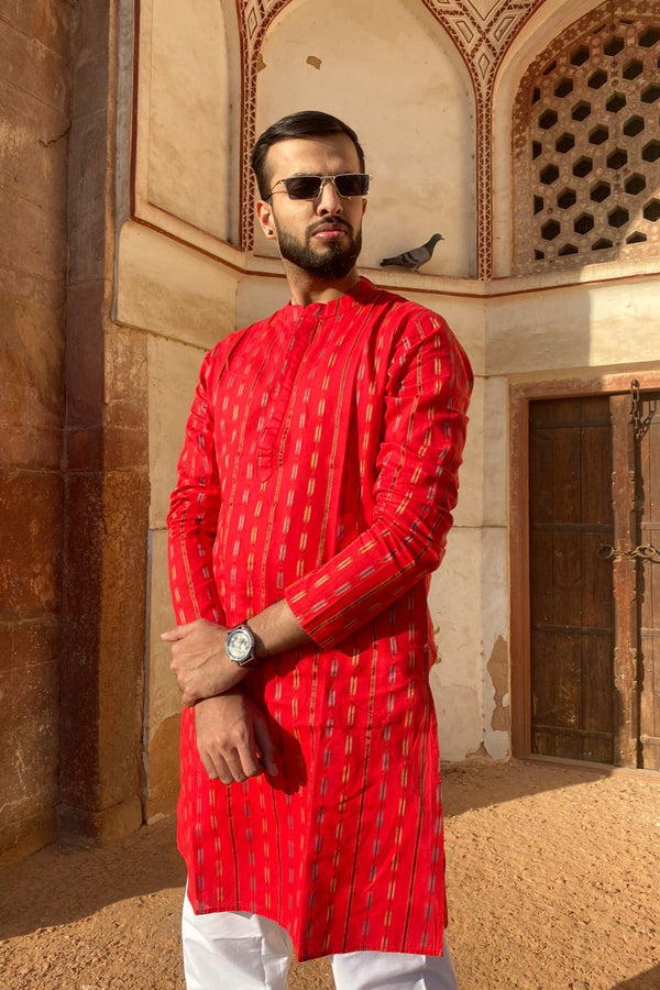 BE DESI MEN COTTON STRIPE REGULAR FIT RED LONG KURTA