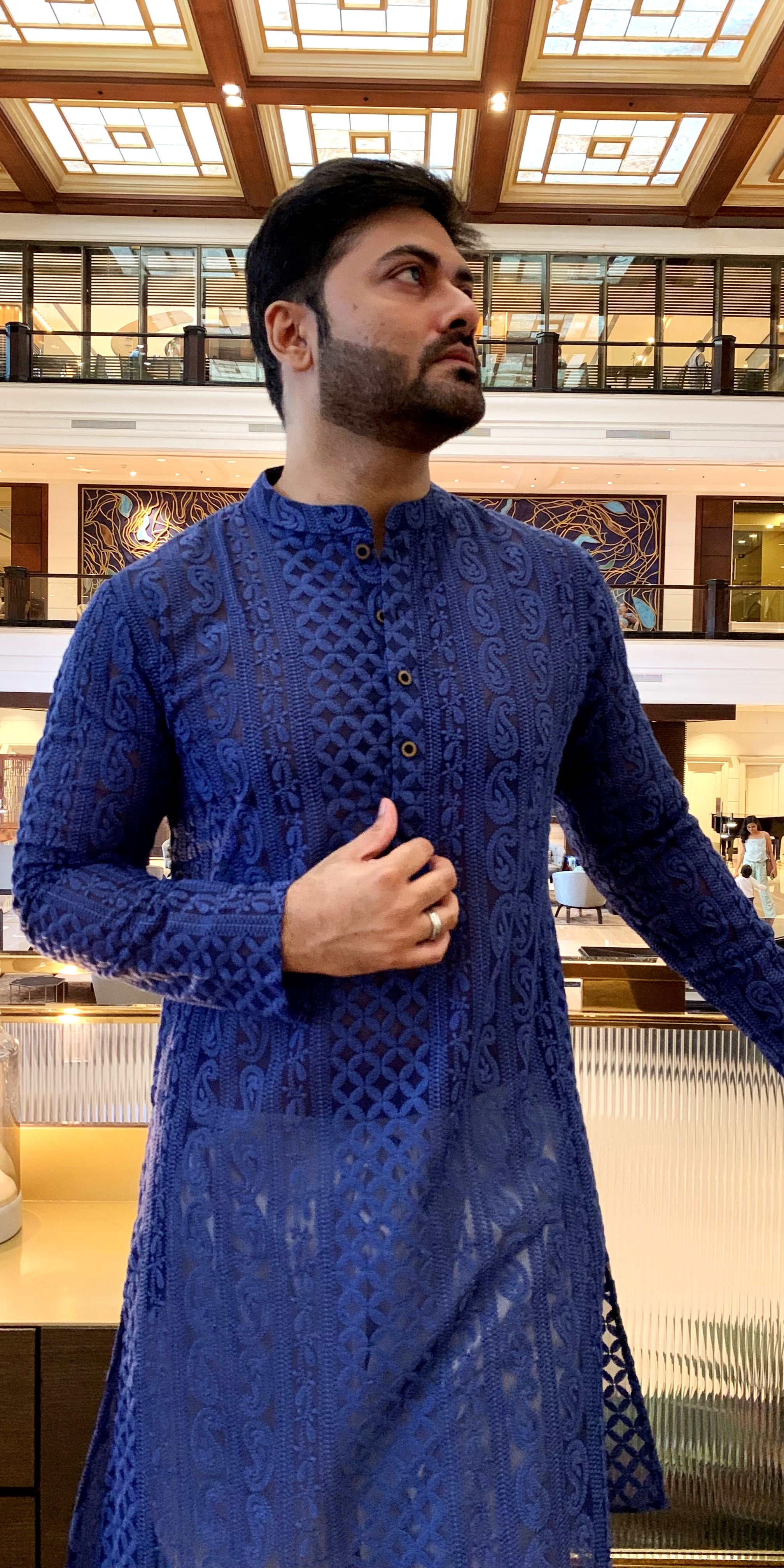 ROYAL BLUE GEORGETTE PAISLEY DESIGN CHIKANKAR KURTA PYJAMA SET