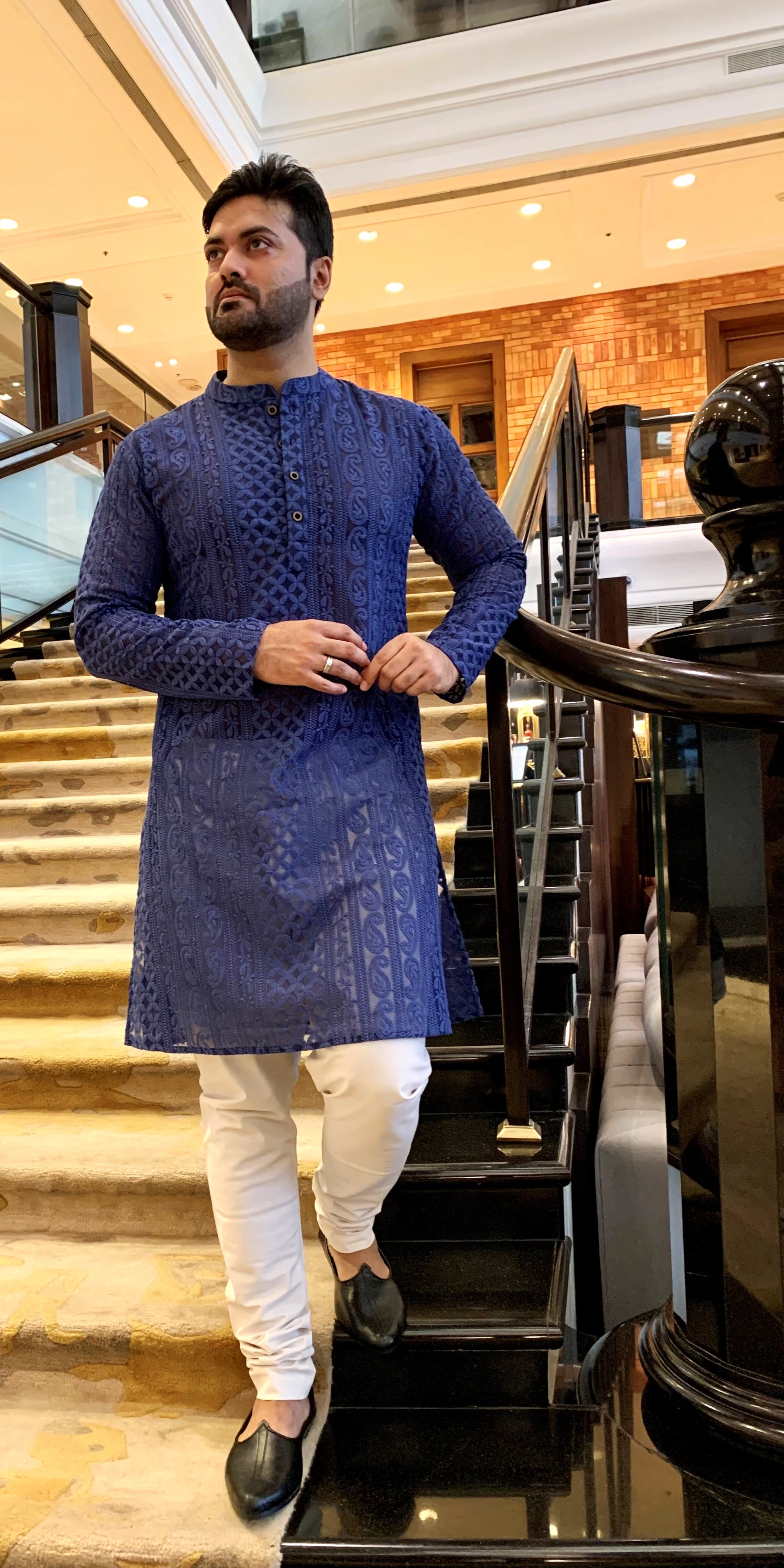 ROYAL BLUE GEORGETTE PAISLEY DESIGN CHIKANKAR KURTA PYJAMA SET